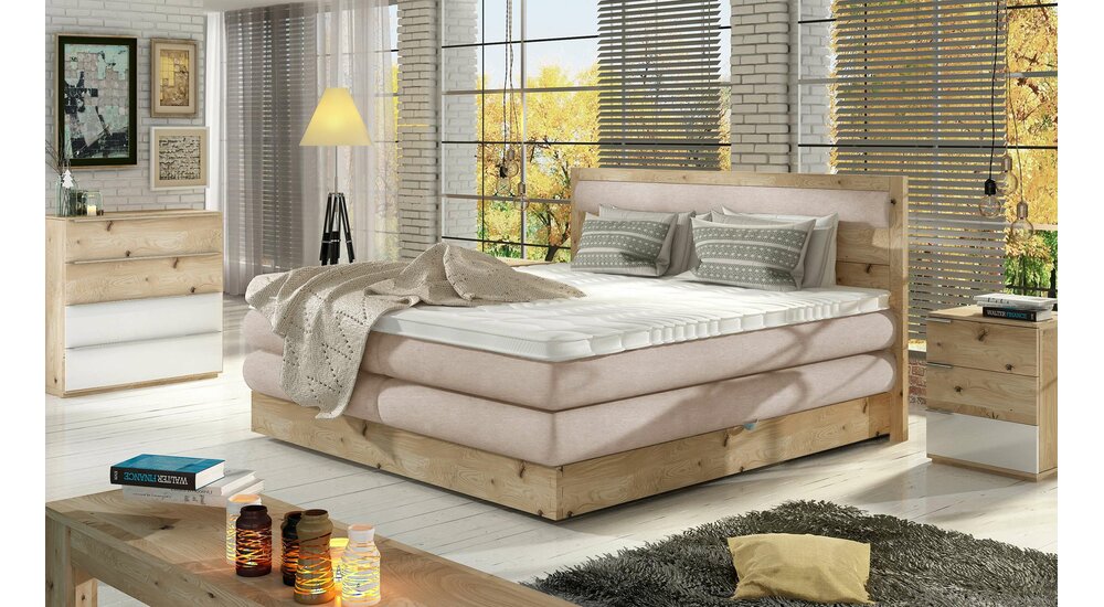 Stylefy Oliver Lit boxspring Tissu structuré CHESTER Beige 140x200 cm a ressorts bonnell a ressorts bonnell