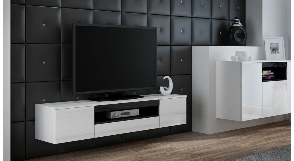 Meuble TV suspendu 180 cm blanc et bois pour salon