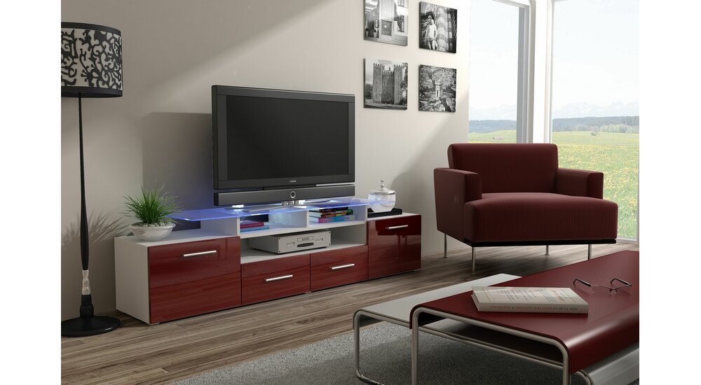 Stylefy Evoro Meuble TV Lowboard 194 cm Blanc Rouge